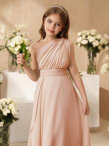 SHEIN Tween Girls Elegant Wedding Flower Girl Dress, Chiffon Ruffled Shawl, Fashion Party Tulle Puff Princess Dress, Suitable For Girls Of All Seasons Fall Winter