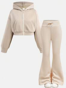 Girlism Tween Girls Knit Hooded Zip-Up Sweatshirt And Sweatpants Set, Casual Loungewear, Autumn/Winter - Apricot - View 13