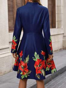 EMERY ROSE Elegant Commuter Floral Print Overcoat - Navy Blue - View 2