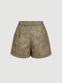 SHEIN MOD Pantalones cortos envolventes vintage desgastados para mujer, para otoño/invierno, otoño para mujer, Navidad, Año Nuevo, Acción de Gracias para mujer, colección retro y con estilo, casual, estilo casual de calle, mujer de vacaciones, falda pantalón de cuero - Caqui - Ver 3