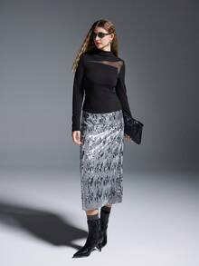 INAWLY Women's Solid Color Stand Collar Long Sleeve Mesh Patchwork Fitted Fashion T-Shirt - Black - View 1