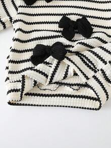 SHEIN 2pcs/Set Young Girls Cute Knitted Bow Decor Round Neck Long Sleeve Top And Red Flared Pants, Spring/Autumn - Black and White - View 3