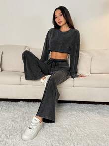SHEIN PETITE 女士街头风宽松酸洗两件套运动服休闲两件套两件套女士舒适两件套家居服裤装两件套舒适两件套 - 灰色 - 查看 6