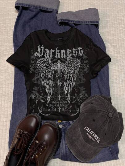  Attitoon 女式圆领短袖紧身 T 恤，适合秋季穿着，十字图案，美学风格，哥特式网络象征主义，Y2K，复古，垃圾摇滚，朋克，俱乐部服装，万圣节衬衫哥特式上衣黑色水钻