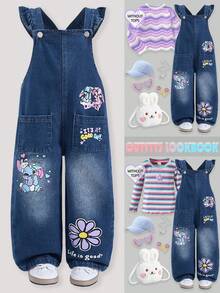 SHEIN ChillGRL Young Girls' 2025 Autumn/Winter Girls' Rabbit & Rainbow Print Denim Bib Overalls, Loose Straight Leg Jeans Pants, Casual, Cute, Retro 2000s Style, Soft, Casual Fashion Creative Cartoon Cute Rabbit Pattern With Flowers And Hearts Printed On Blue Girls' Overalls. Features Ruffled Straps, Cute And Sweet Style, Easy To Move In, Appropriate For Holiday Wear,  Suitable For Daily Wear, School, Commute, Party, Vacation