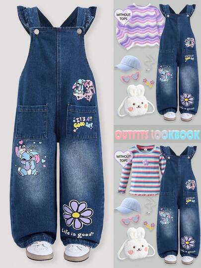 SHEIN ChillGRL Young Girls' 2025 Autumn/Winter Girls' Rabbit & Rainbow Print Denim Bib Overalls, Loose Straight Leg Jeans Pants, Casual, Cute, Retro 2000s Style, Soft, Casual Fashion Creative Cartoon Cute Rabbit Pattern With Flowers And Hearts Printed On Blue Girls' Overalls. Features Ruffled Straps, Cute And Sweet Style, Easy To Move In, Appropriate For Holiday Wear,  Suitable For Daily Wear, School, Commute, Party, Vacation