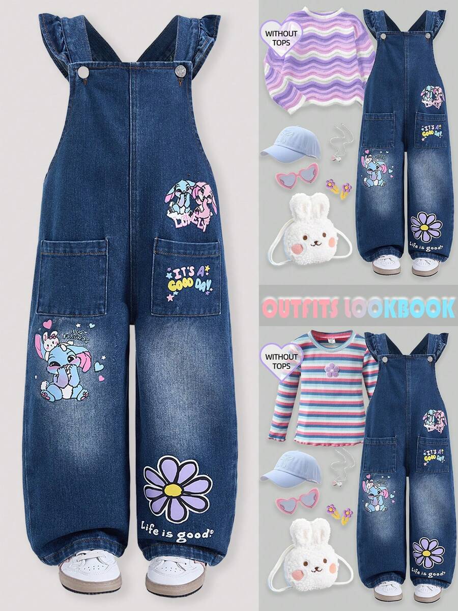 SHEIN ChillGRL Young Girls' 2025 Autumn/Winter Girls' Rabbit & Rainbow Print Denim Bib Overalls, Loose Straight Leg Jeans Pants, Casual, Cute, Retro 2000s Style, Soft, Casual Fashion Creative Cartoon Cute Rabbit Pattern With Flowers And Hearts Printed On Blue Girls' Overalls. Features Ruffled Straps, Cute And Sweet Style, Easy To Move In, Appropriate For Holiday Wear,  Suitable For Daily Wear, School, Commute, Party, Vacation