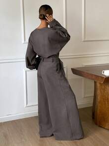 Livesso 2 pezzi Set casual da donna con top a scollo a V e pantaloni, outfit da pendolare, autunno/inverno - Grigio - Visualizzare 2