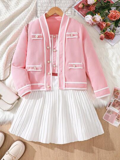 Girls Plus Size Elegant Lady Camisole Top Paired With Button Decor Jacket And Pleated Skirt Casual Outfit Set