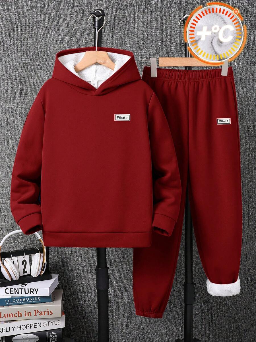 SHEIN 2 件/套超值买 1 送 1 青少年男孩厚羊毛宽松连帽衫和运动裤套装,适合万圣节、圣诞节、休闲、学校、通勤、运动、秋冬 - 酒紅色 - 查看 1