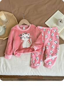 Baby Girl Cute Furry Cartoon Pattern Long Sleeve Top And Pants Pajama Set, Autumn/Winter