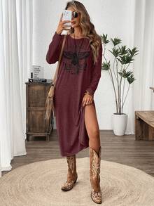 EMERY ROSE Women's Casual Letter & Eagle Graphic Split Hem Long Sleeve Dress, Autumn/Winter - Red Violet - View 6