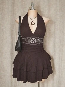 SHEIN ICON 大码女式针织纹理面料刺绣吊带连衣裙，棕色 - 棕色 - 查看 6