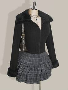 SHEIN ICON 大码女式腰部褶皱格子蛋糕裙，时尚 - 灰色 - 查看 9