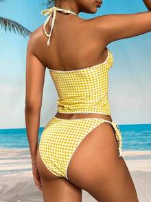 Swim Mod 甜樱桃格子比基尼套装 - 鵝黃色 - 查看 2