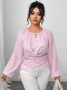Elenzga Áo sơ mi thắt eo cổ tròn đính hạt sọc cỡ lớn dành cho nữ, mùa thu/đông - Hồng - Xem 5