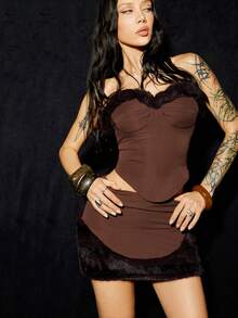 SHEIN ICON 女式性感 Y2K 别致红色仿皮草拼布棕色短款上衣和迷你裙套装 - 棕色 - 查看 8