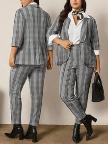 Zelara Plus Size Casual/Office Minimalist Blazer And Pants 2 Pieces Suit Set Casual Sets For Women Casual Outfit For Women Thanksgiving Outfit For Women Fall Outfits For Women Women's Winter Clothes Party Outfit Thanksgiving Winter Clothes New Year Outfit  Casual Sets For Women  Casual Blouses For Ladies Plaid - Black and White - View 11