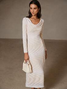BELROSIE Elegantes Herbstkleid mit Pailletten, schmalsitzend, mit drapiertem Ausschnitt und Langarm, britischer Stil - Aprikosenfarben - Übersicht 3