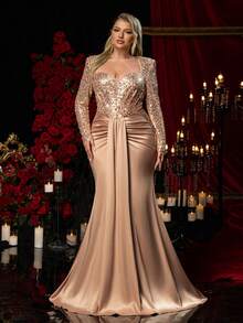 Glamrae Plus-Size Rose Gold Winter Elegant Formal Evening Prom Dress,Coffee-Brown Sequined Sweetheart Neckline Ruching Fishtail Hem Train Heavy-Work Gown - Coffee Brown - View 7