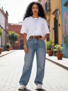 Mujer camiseta casual urbana estampado gráfico ajedrez tela suave holgada cuello redondo manga corta primavera verano uso diario - Blanco - Ver 2