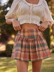 WESTFADE 100% Plaid Cotton Basque Waist Smocked Sides Zipper Back A-Line Mini Skirt Fall, Autumn, Winter, Boho, Casual, Cute, Western Wear, Country - Orange - View 5