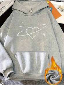 Sudadera mujer casual minimalista corazón universo impresión moderna tejido afelpado cálido holgado capucha manga larga otoño invierno diario sudadera - Gris - Ver 1