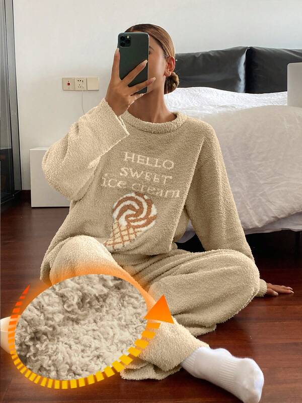 DAZY 2pcs Ice Cream Print Fleece Knit Loose Pajama Set For Women, Autumn/Winter, Cozy Clothes