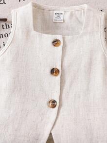 夏季 Babygirl 休闲简约杏色无袖上衣和松紧腰宽松裤套装 - 米色 - 查看 3