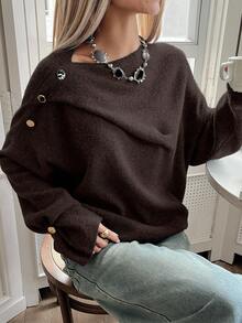 DAZY Women's Loose Casual Solid Color Design Sweater, Autumn/Winter - Brown - View 4