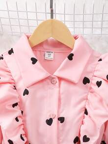 SHEIN Tween Girl Heart Print Ruffle Cuff Long Sleeve Blouse With Sash Belt And Legging Set, Autumn - Pink - View 3