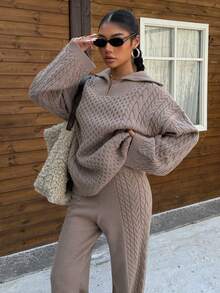 SHEIN EZwear 骆驼女款拉链开衫和裤子两件套 - 駝色 - 查看 5