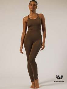 MUSERA ESSENTIALS Strappy Fitted Jumpsuit Catsuit Basic Autumn Winter Casual Going Out Everyday Night Out Sexy Cute Cosy - Coffee Brown - View 1