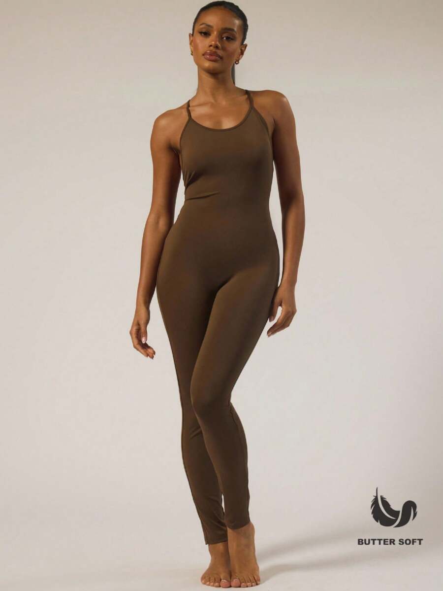 MUSERA ESSENTIALS Strappy Fitted Jumpsuit Catsuit Basic Autumn Winter Casual Going Out Everyday Night Out Sexy Cute Cosy - Coffee Brown - View 1