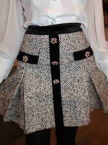 Durrani Popal FALDA PLISADA CON DOBLEZ Y RIBETE DE CONTRASTE EN ESTAMPADO DE ESPIGA DE TWEED PARA OTOÑO E INVIERNO - Albaricoque - Ver 4