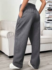 SHEIN Casual Dark Grey Maternity Trousers With Adjustable Waistband Long Plain Woven Fabric Design