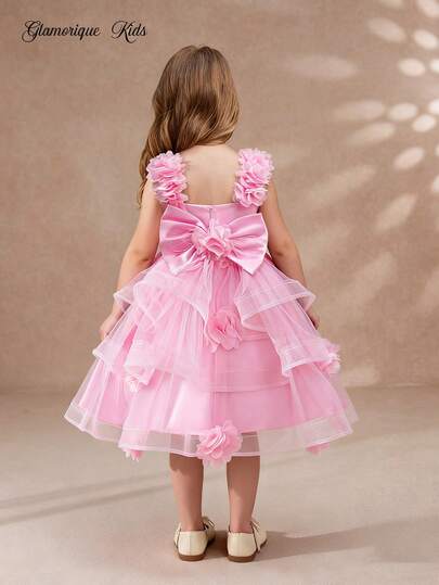 Glamorique Kids Vestido de fiesta de cumpleaños con malla floral y vuelo para niña, vestido de invitada de boda con lazo de flor rosa en la espalda