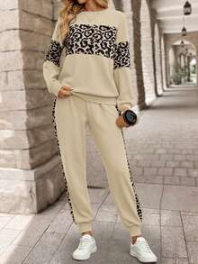 EMERY ROSE Women's Long Sleeve Leopard Print Patchwork Sweatshirt And Long Sweatpants Winter Sets Two Pieces Set Women - Apricot - View 4