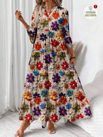 EMERY ROSE Casual Elegant Vintage Floral Print V-Neck Pleated Long Sleeve Loose Maxi Dress, Suitable For Spring/Summer, Plus Size, Suitable For ,Flower/Vacation