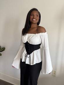 Tyla Gomez Hollow Out Flared Sleeve Contrast Tie Waist Vintage Blouse,Long Sleeve Tops - Black and White - View 5