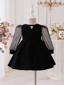 优雅可爱的黑色网眼拼布长袖连衣裙 - 黑色 - 查看 2