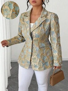 Elenzga 加大码金属刺绣撞色领长袖单肩 A 字西装外套，配有真口袋，适合派对、郊游、约会、聚会等场合 - 彩色 - 查看 6
