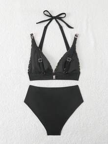 Swim Lushoire 女式休闲度假海滩豹纹撞色纹理面料无线聚拢比基尼两件套泳衣 - 黑色 - 查看 9