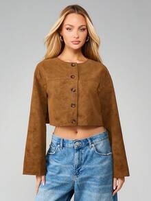 MISSGUIDED Veste  court, à boutons, manches longues, pour l'automne et l'hiver - Tabac - Voir 4