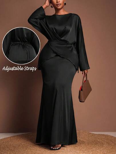 Veslaya 2026 Autumn/Winter Plus Size Women's Outfit, Countryside Music Festival Attire, Wedding Guest Outfit, Date Night Dress, Elegant, Evening Party, Sexy Fitted Crossover V-Neck Long Sleeve Top And Straight Long Skirt 2 Pieces Set