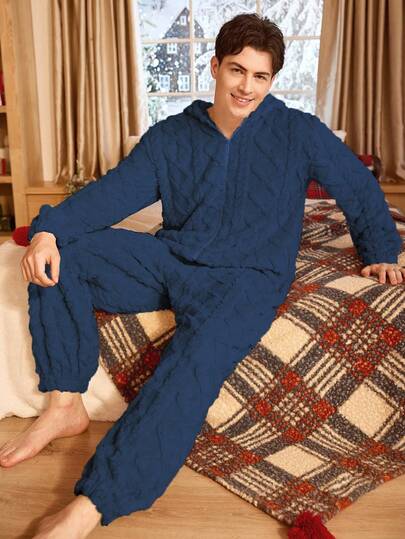 SHEIN Mono de invierno con capucha de unicolor, cremoso y acogedor con cremallera y estampado jacquard para hombre