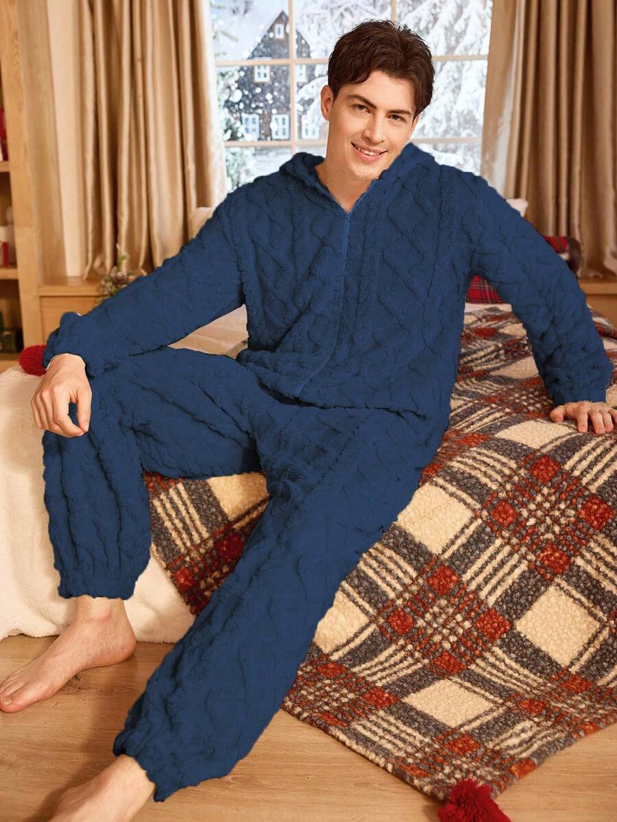 SHEIN Solid Color Zipper Plush Jacquard Hooded Men's Fluffy Cozy Winter Jumpsuit Loungewear - Royal Blue - View 1