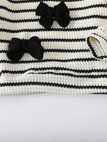 SHEIN 2pcs/Set Young Girls Cute Knitted Bow Decor Round Neck Long Sleeve Top And Red Flared Pants, Spring/Autumn - Black and White - View 6