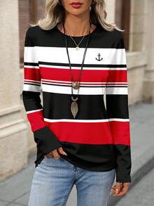 EMERY ROSE Casual Women's Striped Long-Sleeved T-Shirt, Autumn And Winter Fashion Bottoming Shirt