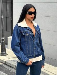 Jeanoix 女式休闲二合一纽扣牛仔夹克 - 藍色 - 查看 7